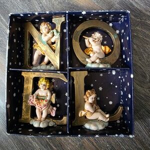 Vintage NOEL Cherub Angel Figurine Set Made in Italy Gold Christmas Decor 4pc